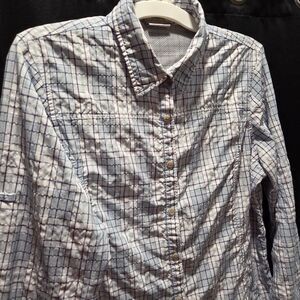 L.L. Bean Womens Plaid Tech Shirt Sz L Blue Roll Tab Sleeve Hiking Outdoor Trail